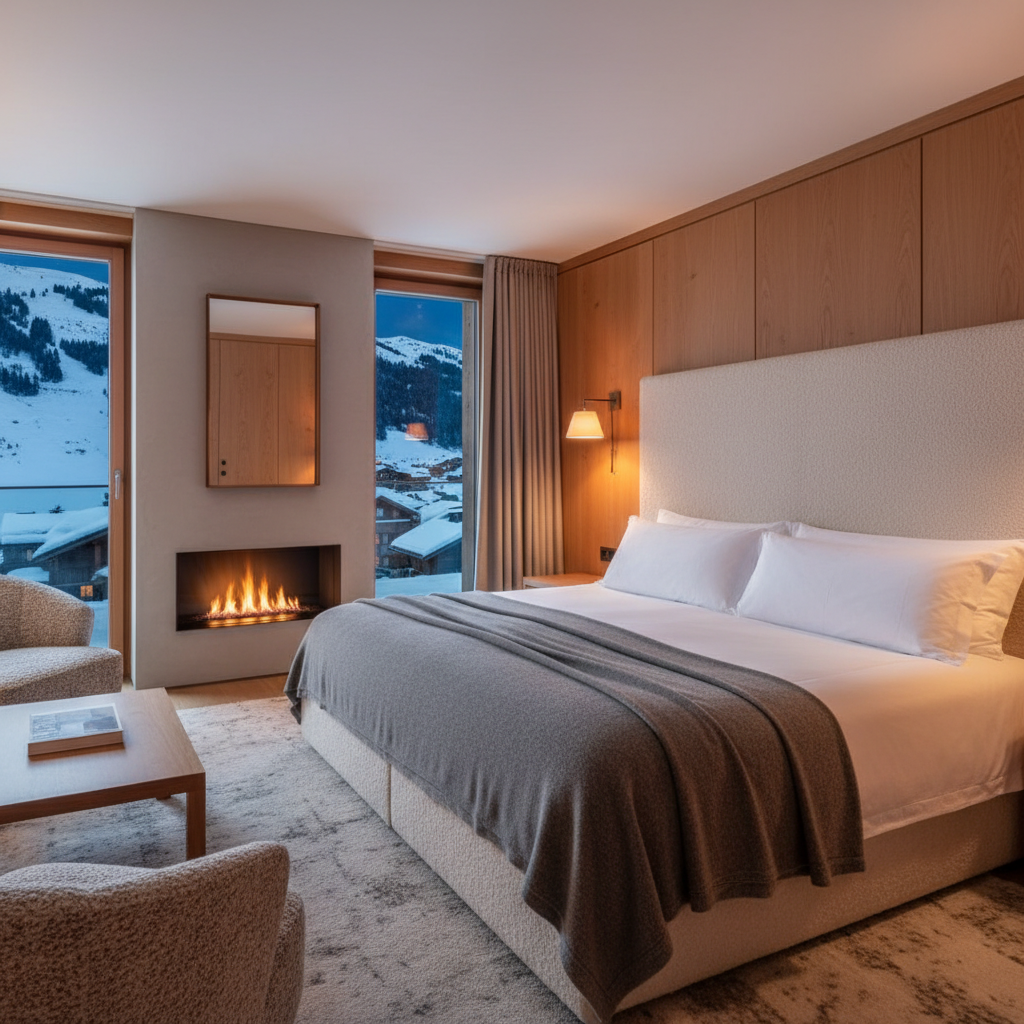 A secluded master suite in Chalet Le Chamois, featuring a king-sized bed with an impeccably tailored cashmere throw in deep dove grey, crisp white linens, and an oversized, upholstered headboard in textured boucle. The bed faces a broad panorama window revealing a moonlit Courchevel valley and snow-glistening slopes. Discreet wall sconces emit a soft, warm glow, complemented by the cool silver-blue of the night sky outside. A minimalist fireplace is set into a smooth stone wall opposite the bed, its low flames reflecting in a narrow bronze-framed mirror. Photographic realism, composed using the rule of thirds from a corner vantage point, emphasizing plush textures and tranquil privacy, with a calm, intimate, and exquisitely sophisticated atmosphere.