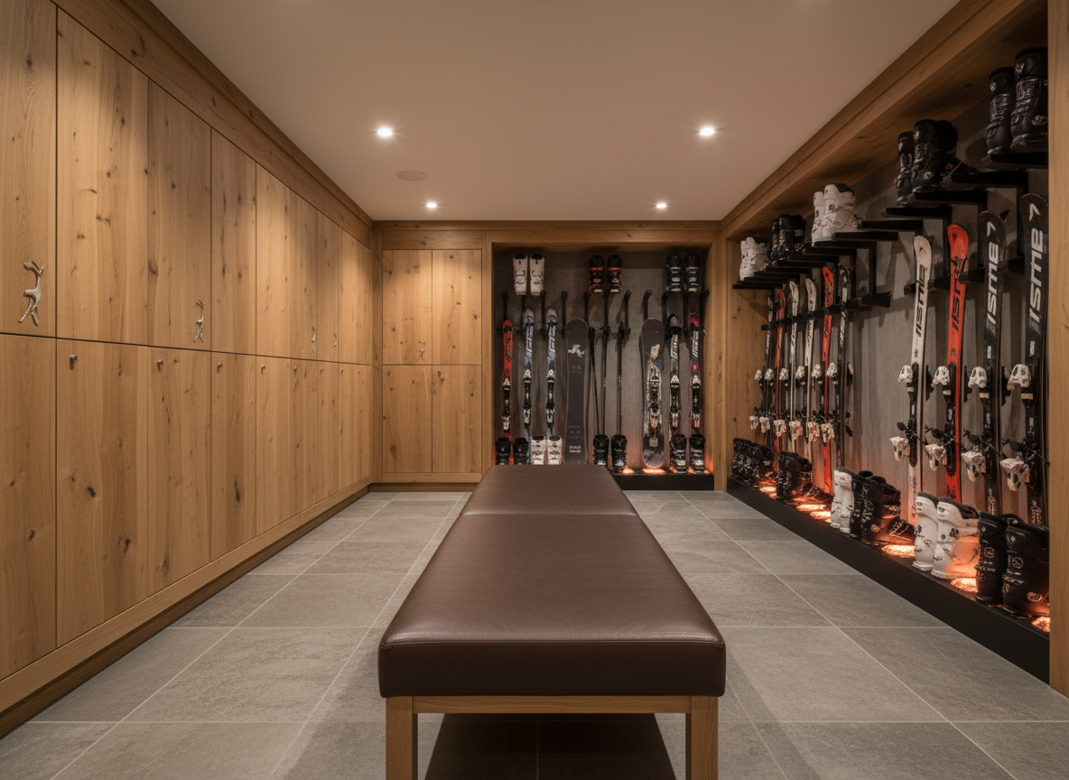 A luxurious ski equipment room in Chalet Le Chamois, featuring custom-built oak lockers with soft-close doors, each subtly engraved with a refined chamois emblem. A central bench in smooth, dark leather runs the length of the room, set on heated stone flooring with a matte finish. Along one wall, perfectly aligned pairs of high-end skis and snowboards rest in minimalist black metal racks, with a separate section of gently glowing boot warmers beneath. Recessed ceiling lights create even, warm illumination, with subtle shadows emphasizing clean lines and impeccable organization. Photographic realism, shot from a slightly low, central perspective along the bench, capturing a sense of readiness, order, and high-end service with a calm, discreetly luxurious mood.
