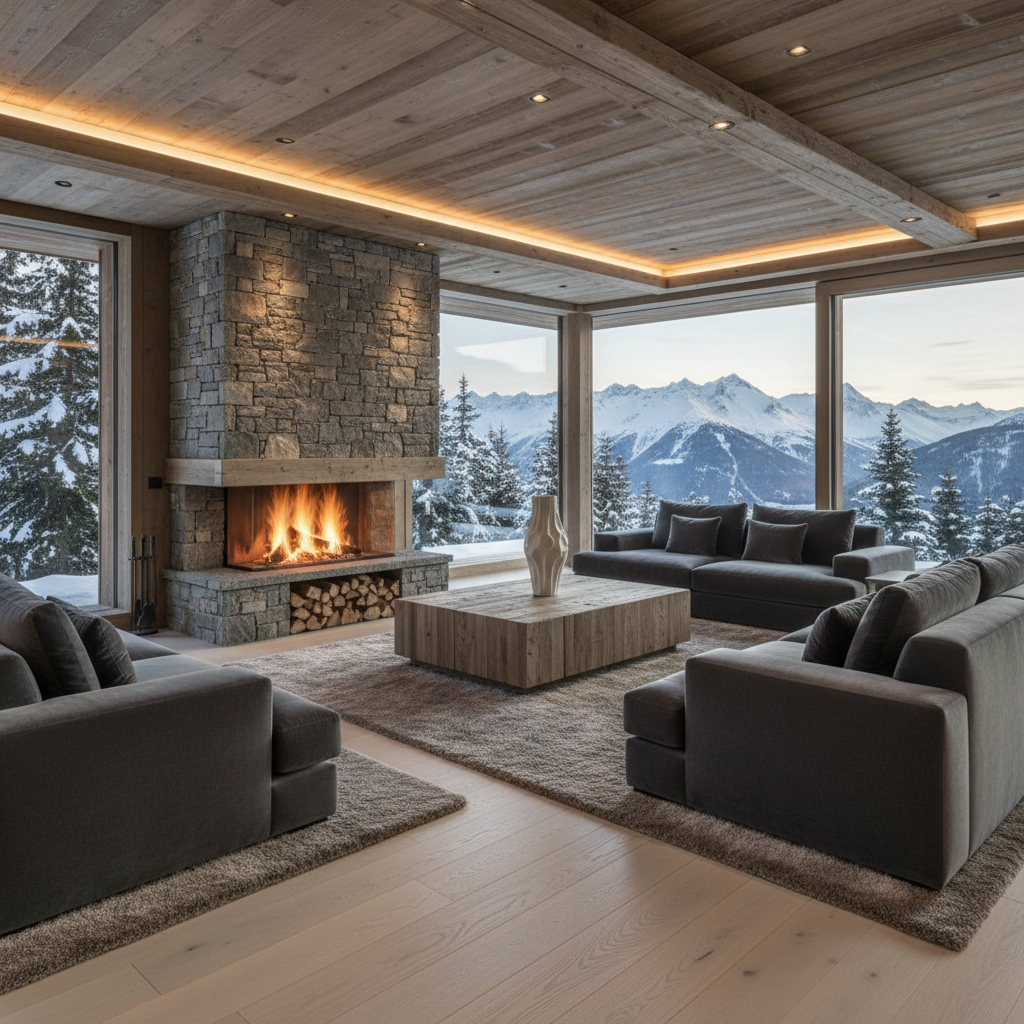 A sumptuous open-plan living room inside a luxury Courchevel chalet, featuring a grand stone fireplace with a meticulously stacked fire, flames casting a soft amber glow on pale oak floors and plush taupe wool rugs. Low, oversized velvet sofas in muted charcoal encircle a solid reclaimed-wood coffee table adorned with a single sculptural vase. Floor-to-ceiling windows frame a panoramic view of snow-draped fir trees and distant peaks. Photographic realism with late-afternoon natural light mixing with recessed warm ceiling spots, creating layered, sophisticated illumination and gentle shadows. Shot at eye level with a wide composition, emphasizing generous space and refined details, bokeh softening the mountain view slightly to keep focus on the chic, tranquil interior ambiance.