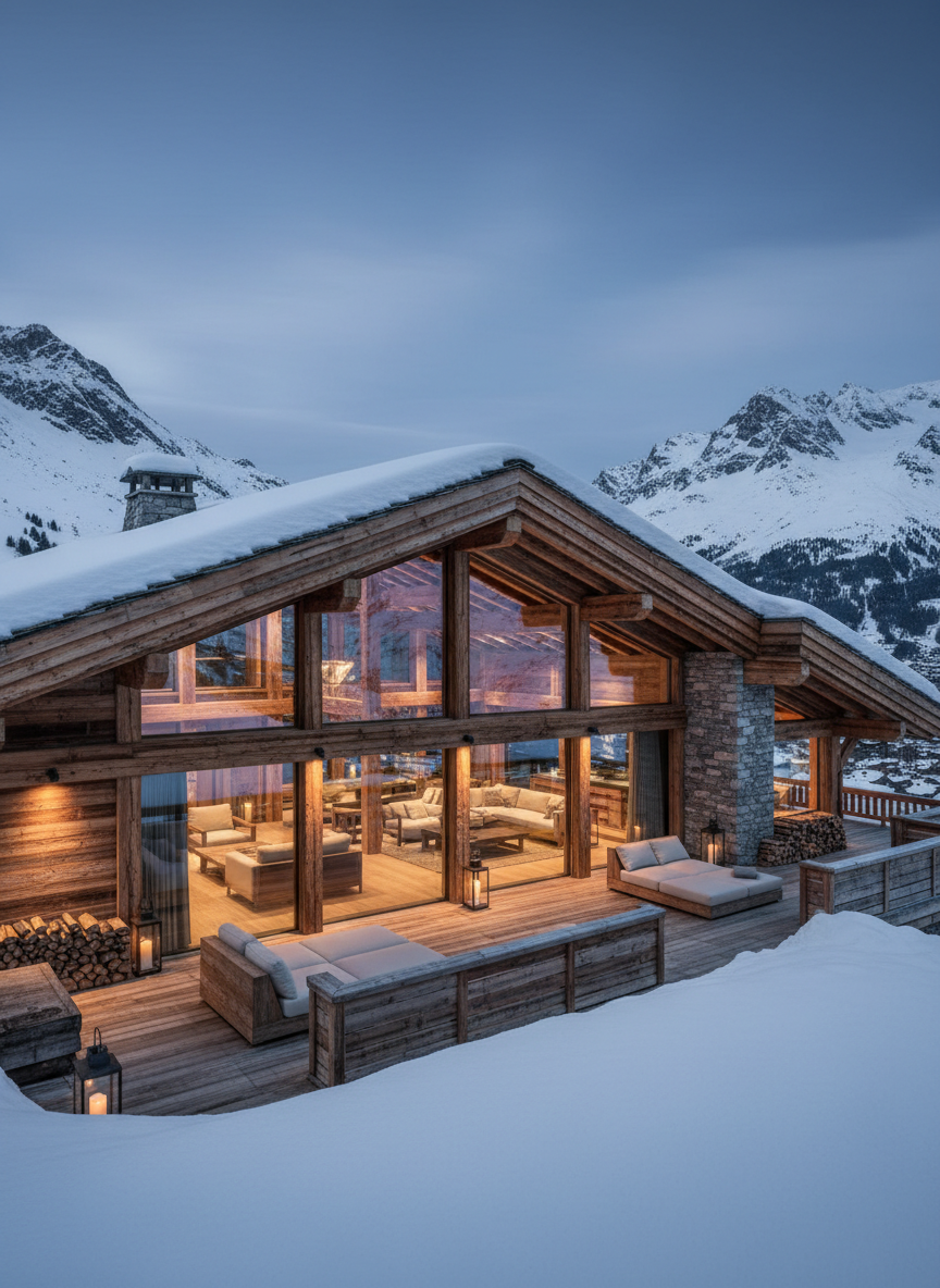 An elegant Alpine luxury chalet exterior, Chalet Le Chamois, built in rich aged timber and local stone, with deep overhanging roofs and broad glass windows reflecting snow-covered peaks. The chalet sits on a gentle slope above Courchevel, surrounded by pristine white snow and neatly stacked firewood along the terrace. Early evening blue-hour photographic realism, with warm golden light glowing from inside, spilling onto a wide wooden deck with minimalist outdoor lounge chairs and discreet lanterns. Captured from a slightly elevated angle, wide lens, with crisp sharp focus throughout. The atmosphere is sophisticated and serene, suggesting exclusivity and privacy amid the mountains, with a subtly clouded sky adding depth and contrast to the scene.