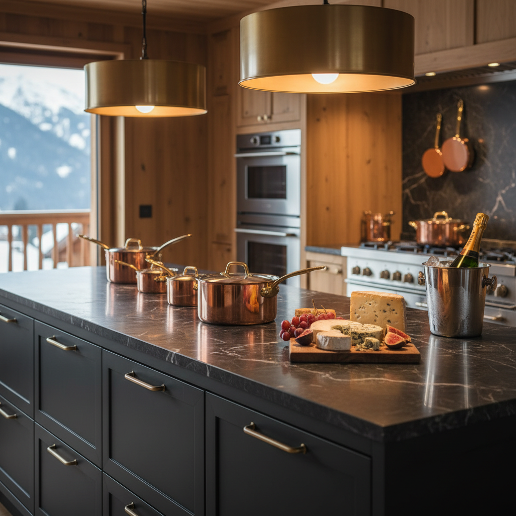 A gourmet chalet kitchen designed for private chef service, with a large central island in honed dark marble and smooth matte black cabinetry accented by brushed brass handles. The island holds an arrangement of polished copper cookware, a wooden board with artisanal French cheeses, and a bottle of fine Champagne in a silver cooler. Behind, a professional-grade range is set into a wall of warm oak paneling. Soft, focused pendant lights with warm white bulbs hang above the island, casting intimate pools of light and subtle reflections on the marble. Photographic realism at a slightly elevated three-quarter angle, shallow depth of field keeping the island in crisp focus while the background blurs gently, conveying a mood of understated opulence and culinary excellence.