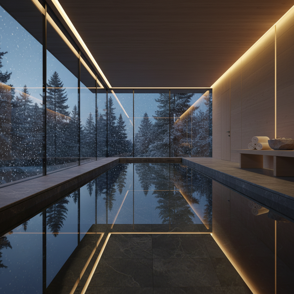 A refined private spa room within Chalet Le Chamois, showcasing a sleek indoor pool with dark slate tiles and a perfectly still, mirror-like water surface. The pool runs along a wall of floor-to-ceiling glass, revealing softly falling snow outside and the silhouettes of pine trees. Warm concealed LED strip lighting traces the ceiling and pool edge, reflected in the water, creating a calm, luxurious glow. A minimalist wooden bench with neatly rolled white towels and a stone bowl of river pebbles sits poolside. Photographic realism, shot from a low angle along the waterline, with strong linear perspective and crisp detail, evoking an atmosphere of quiet indulgence and sophisticated wellness.