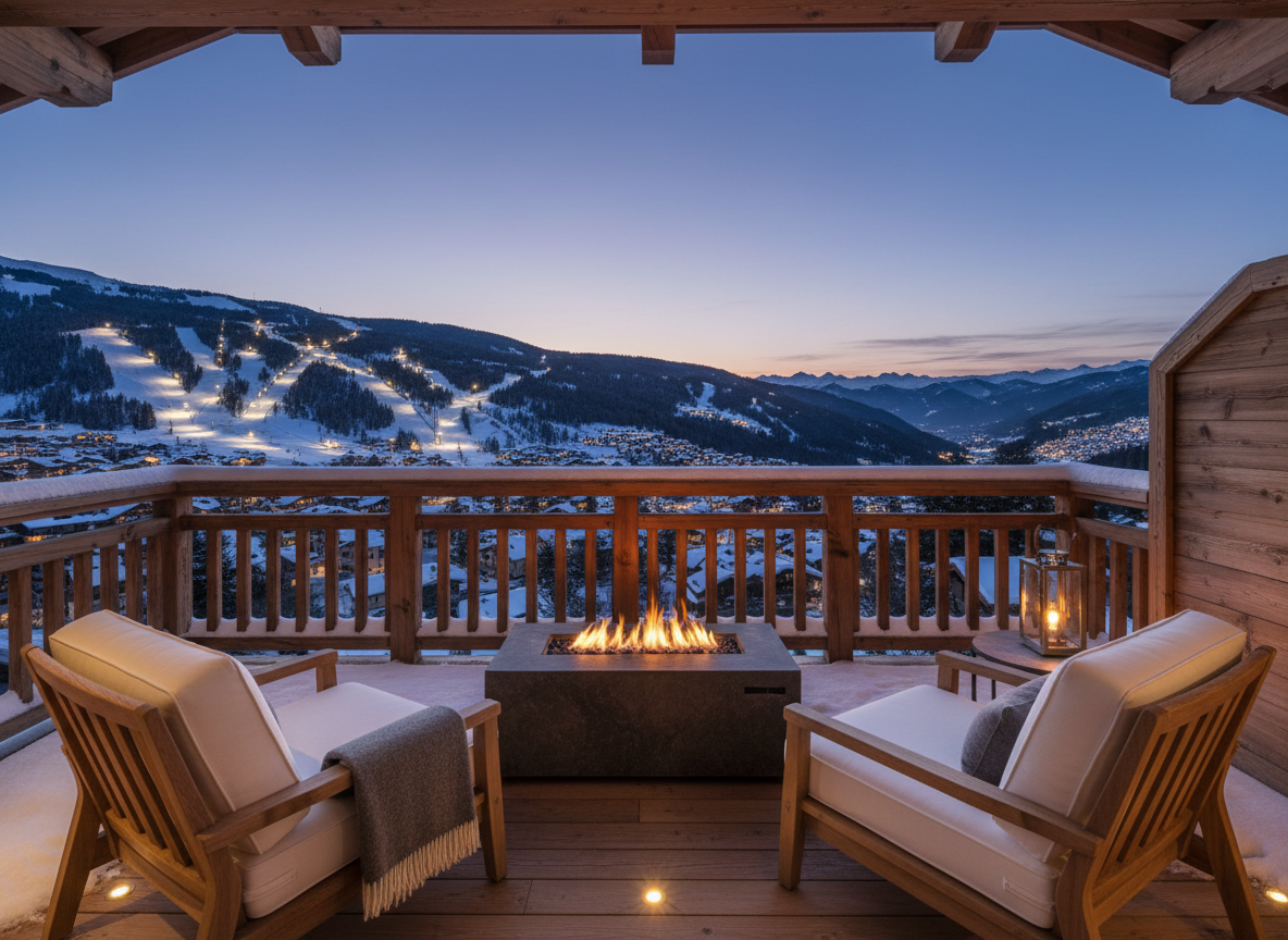 A private balcony terrace of Chalet Le Chamois overlooking Courchevel’s illuminated ski runs at dusk. A pair of deep-cushioned teak lounge chairs with thick, cream outdoor upholstery flank a low fire pit table made of dark stone, its controlled flames dancing against the backdrop of the valley lights. The chalet’s timber railing is dusted with fresh snow, and a neatly folded wool blanket rests on one chair. Discreet recessed floor lighting and a single sculptural lantern provide warm accents, contrasting the cool, crisp twilight air. Photographic realism from a standing eye-level perspective, with a wide composition that frames both the intimate seating area and the expansive alpine view, evoking exclusivity, romance, and quiet sophistication.